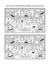 Halloween greeting find the differences picture puzzle and coloring page Royalty Free Stock Photo